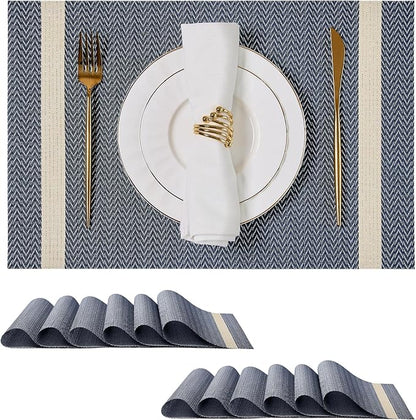 Leetaltree Luxury Dark Blue Placemats with Gold Stripes Placemats Set of 12 - Waterproof Washable for Wedding, Anniversary, Daily Use - Sparkling Table Decor - Hand-Cut
