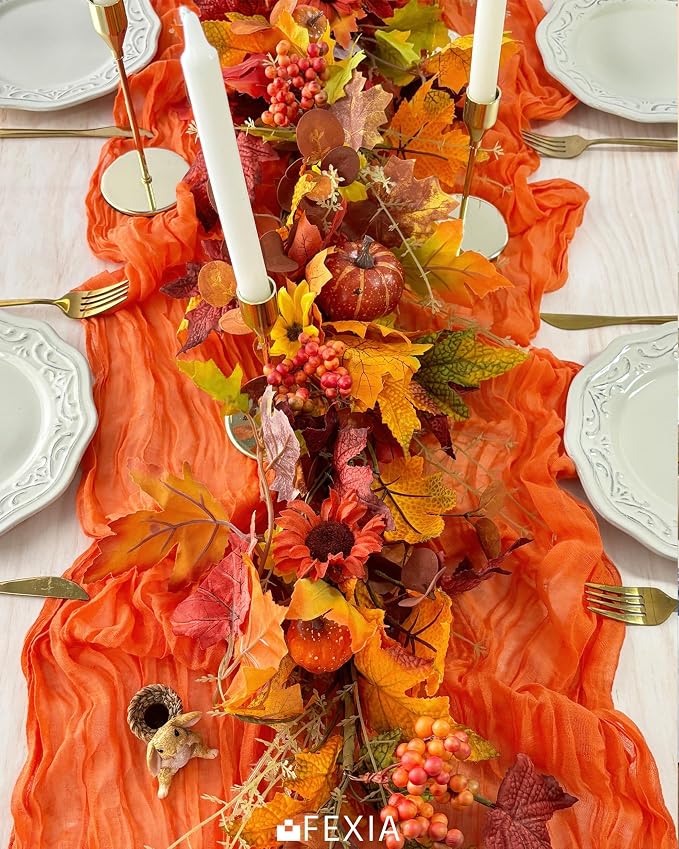 3Pcs Orange Cheesecloth Table Runner Fall Bridal Shower Home Decor | 35x120 - Image 6