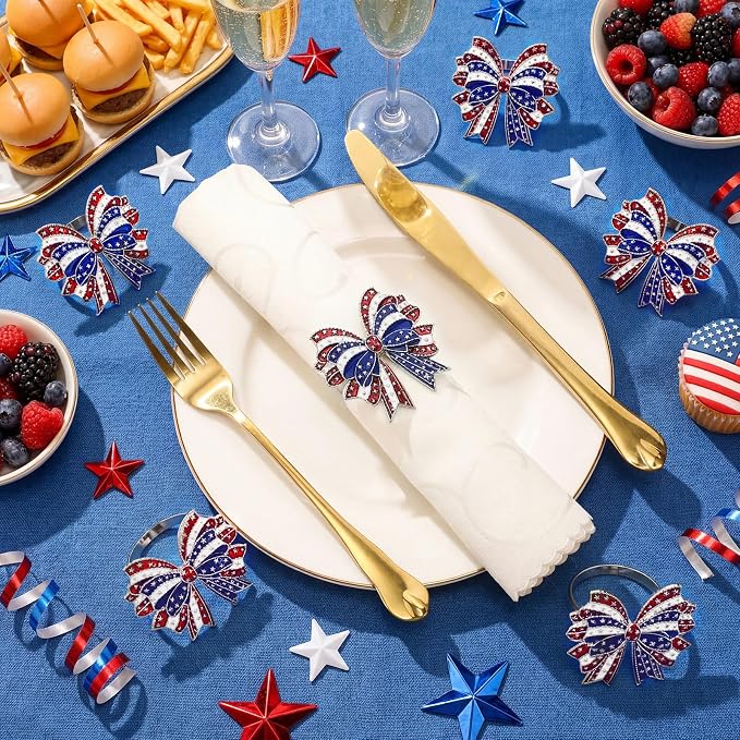 Geiserailie 6 Pieces Patriotic Napkin Rings 4th of July Bow Napkin Ring Holder - Image 4