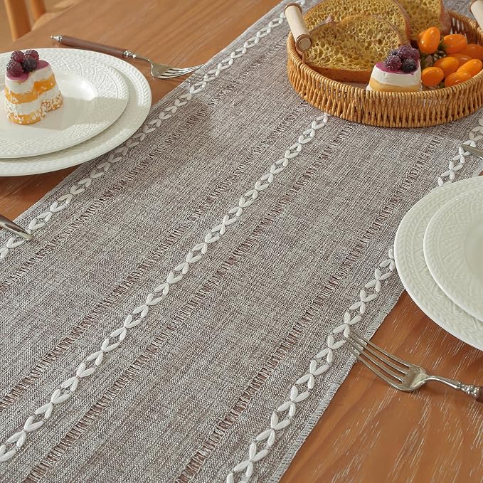 Boho Cotton Linen Brown Table Runner, Farmhouse Woven Table Runners Spring - Image 5