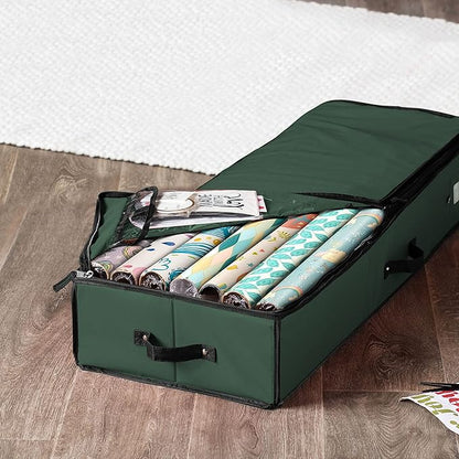 ZOBER Gift Wrapping Paper Organizer Storage - 40" Gift Wrap Storage Containers with Interior Pockets for Bows, Tags & Ribbons - Wrapping Paper Holder, 600D Oxford, Fits 24 Standard Rolls, Green/Black