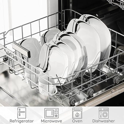 VEWEET, Series Fiona, 30-Piece Dinnerware Sets for 6, White Dishes Set with Black and Gray Stripes, Porcelain Dinner Set Including Dessert Plates, Soup Plates, Dinner Plates, Cups & Saucers