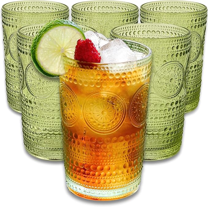 Hobnail Beaded Floral Green Drinking Glasses Set of 6, Vintage Glassware Set by by KateAspen