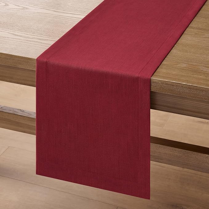 Linen Textured Border Table Runner, 14 x 60 Inch Red | Mitered Corner Design - Image 7