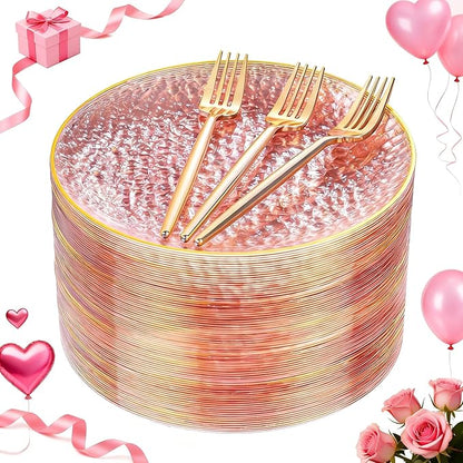 DaYammi 240Pcs Pink Plastic Plates Including 120Pcs Pink Dessert Plates and 120Pcs Gold Plastic Forks,Hammered Party Plate,pink and Gold Appetizer plates Heavy duty Disposable Cake Plate for Party