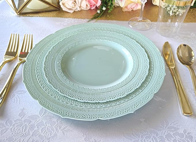 " OCCASIONS " 120 Plates Pack,(60 Guests) Extra Heavyweight Vintage Wedding Disposable/Reusable Plastic Plates 60 x 11'' Dinner + 60 x 8.25'' Salad/Dessert Plate (Chateau in Mint)
