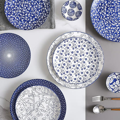 Selamica 8 inch Porcelain Dinner Plates, Large Size Serving Plate for Salad, Pancakes, Steak, Set of 6, Vintage Blue