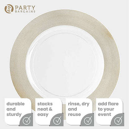PARTY BARGAINS 13-Inch Charger Plates - 96 Pack, Clear Gold Rope Textured Rim, Heavy-Duty Disposable Chargers for Elegant Dining - Ideal for Weddings and Formal Events