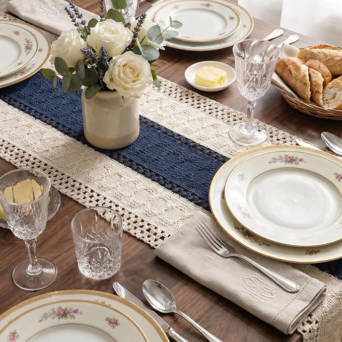 Boho Macrame Table Runner with Tassels 36in Blue Farmhouse Runner | Macrame - Image 5