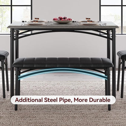 4-Piece Small Dining Table Set – Wood Table with 2 Upholstered Chairs & Bench, Space-Saving Retro Kitchen Dining Set for Small Apartment/Dining Room, Black