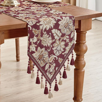 Loom and Mill Vintage Jacquard Damask Table Runner 13x108 inch, Burgundy | - Image 3