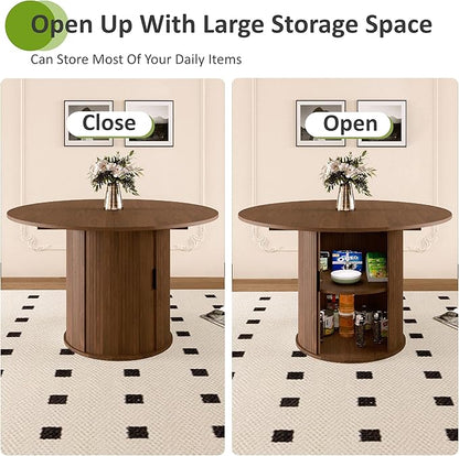 Extendable Round/Oval Dining Table Seats 2-4-6, 59" Modern Farmhouse Design with 2-Tier Storage & Fluted Slide Door, Dining Room Kitchen Furniture (Walnut, 59 inches)