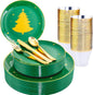 WDF 150pcs Christmas Plates Plastic Disposable - 25 Guests Green Plates with Gold Tree, Clear Gold Cups, Perfect for Christmas Parties