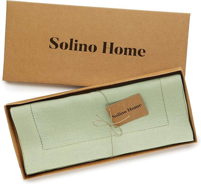 Solino Home Linen Table Runner 60 Inches - 100% Pure Linen Sage Green Hemstitch Table Runner 14 x 60 Inch Ideal for Dresser and Coffee Tables - Spring, Easter, St Patricks Day - Classic Hemstitch