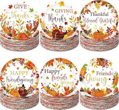 60 Pcs 7 Inch Happy Friendsgiving Paper Plates Give Thanks Plates Decorations Fall Pumpkin Turkey Tableware for Autumn Harvest Thanksgiving Dinner BBQ Picnic Farmhouse Party Supplies