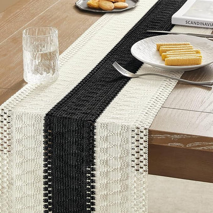 Macrame Style Bicolor Stitching Table Runner, 12 x 108 Inch Black/Ivory - Image 4