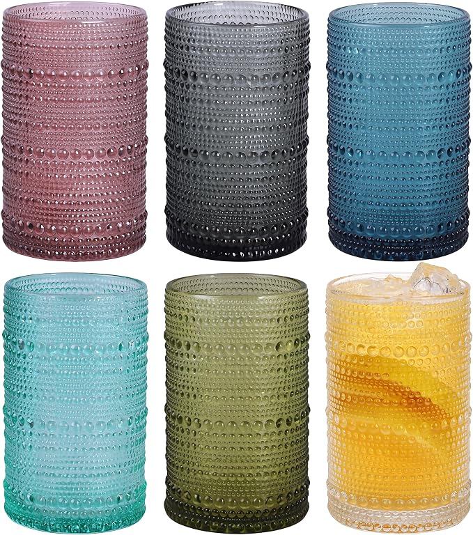Moretoes Colored 12 Oz Hobnail Drinking Glasses Set of 6, Water Glass Cups | by Moretoes