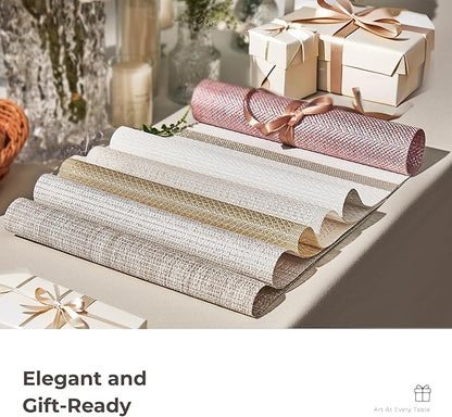 Leetaltree Luxury Beige and Gold Woven Placemats Set of 8 - Waterproof Washable Textured Table Mats for Wedding, Anniversary, Daily Use - Sparkling Metallic Thread Table Decor - Hand-Cut