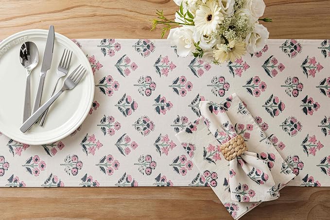 Block Print Floral Decorative Table Runners, 13x72 Inch Pink | 100% Organic - Image 4