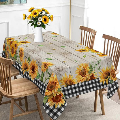 Sunflower Tablecloth 60 x 84 Inch Rectangle, Farmhouse Bee Decor Black White Buffalo Check Table Cloth for Party Dining Room