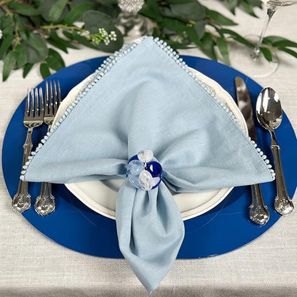 Beaded Pebble Stone Napkin Rings – Handcrafted Acrylic Holders with Natural Coastal Look – Elegant Table Decor for Modern, Ester, Spring, Wedding, or Gift - Set of 4, Blue