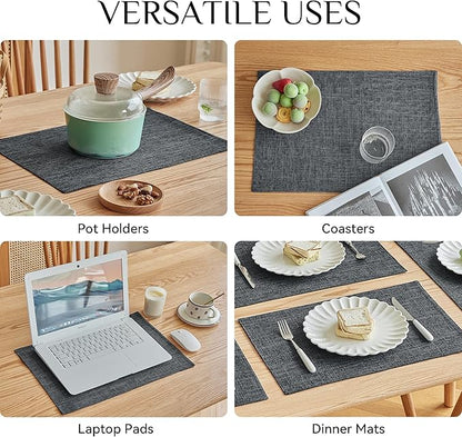 Softalker Faux Linen Placemats Set of 8-12 x 18 Inch, Heat Resistant Double Layered Durable Burlap Farmhouse Place Mats, Non-Slip Washable Rustic Table Mats for Dining, Kitchen, Party（Dark Grey