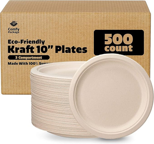 GUSTO [Case of 500 10 Inch Heavy-Duty 100% Compostable, 3 Compartment Eco-Friendly, Kraft Disposable Sugarcane Paper Plates - Brown Unbleached (Formerly Comfy Package