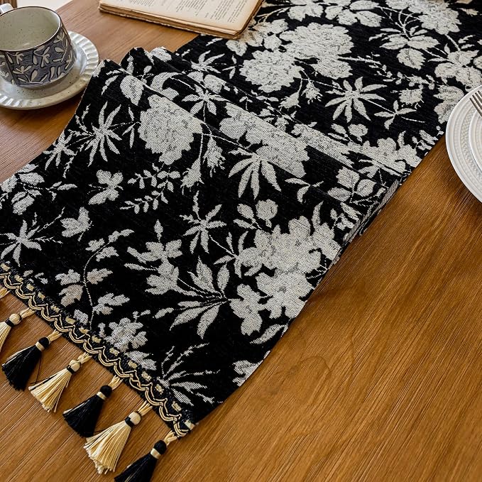 Floral Botanical Table Runner 13 x 48 Inch Black | Jacquard Flower, - Image 5