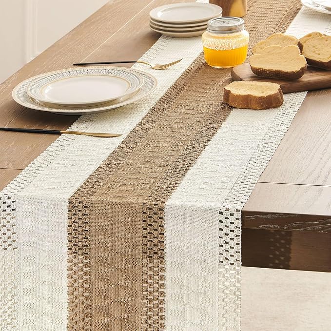 Macrame Style Bicolor Stitching Table Runner 14x36in Brown | Woven Boho Table - Image 5