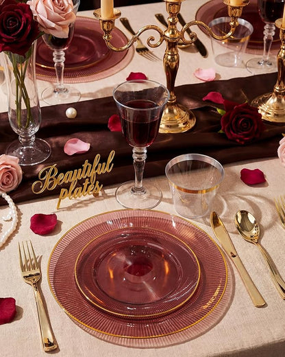 Hioasis 60pcs Burgundy and Gold Plastic Plates - Burgundy Disposable Dinnerware Set, 30pcs Dinner 10.25in & 30pcs Dessert 7.5in Plates with Striped Designs for Party & Wedding
