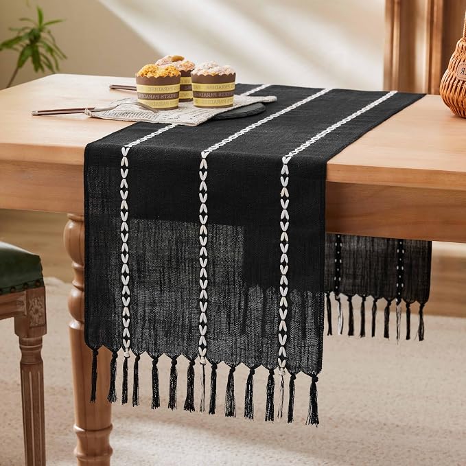 Braided Farmhouse Table Runner, Braided Black 13x48 Inch, Cotton Linen Table by Unknown