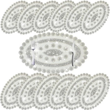 Sparkling Silver Diamond Placemats Bling Oval Place Mat Heat Elegant Table Decor for Weddings, Holidays, and Special Events (15x9 Inch)-12 PCS