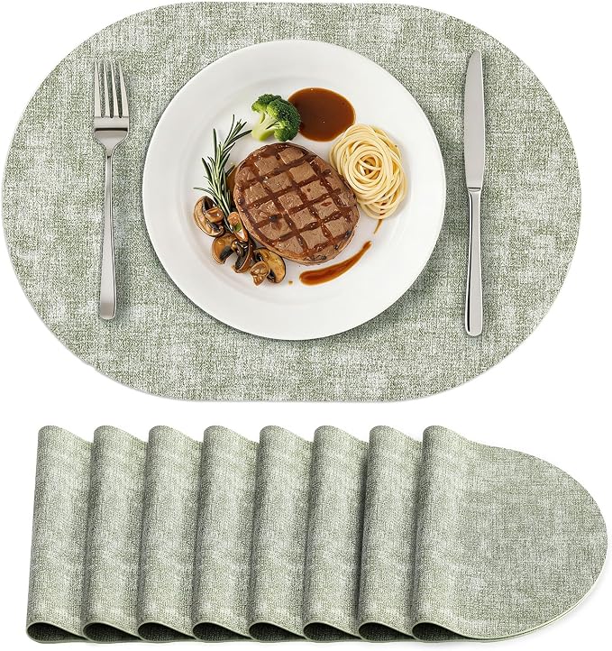 Placemats Set of 8, 11.8 x 17 Inch, Grass Green | Heat Resistant Oval Faux by homing