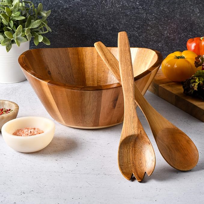 Gibson Home Sherwood 3-Piece Acacia Wood Salad Bowl Set, 32 Quart Large Serving - Image 7