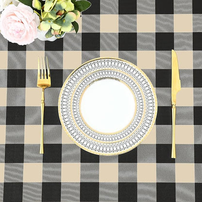 misaya Rectangle Waterproof Vinyl Table Cloth, Buffalo Flannel Backed Tablecloth, Wipeable Plastic Table Cover for Dinner, Kitchen, Outdoor (60" x 120", Black and Beige)