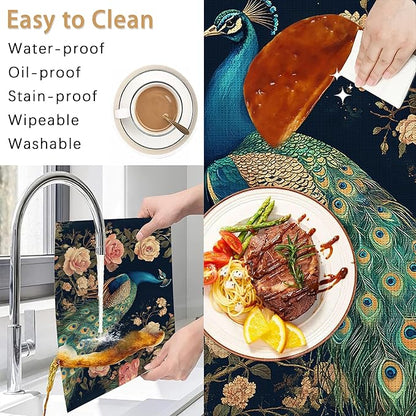 Peacock Placemats Set of 6,Floral Waterproof Non-Slip Washable Table Mats for Kitchen Dining Holiday Party Wedding Decor 12x18 Inch