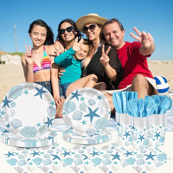 168pcs Coastal Beach Paper Plate Napkin Seashell Party Supplies Serve 24 | Blue - Image 6