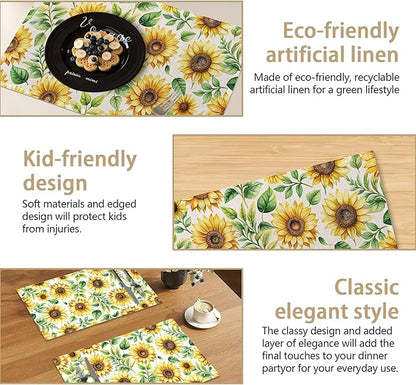 Watercolor Sunflower Placemats Set of 6, 12x18 Inch Waterproof Non-Slip Washable Seasonal Spring Table Mats for Kitchen Dining Party Table Decor