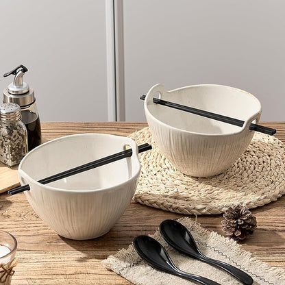 Ramen Bowl with Chopsticks and Spoons Set, 7 Inch Ceramic Noodle Bowl Set of 2, Dishwasher Safe for Pho Udon Soba Noodle Salad Pasta, Special Reactive Glazed White Bowls Set