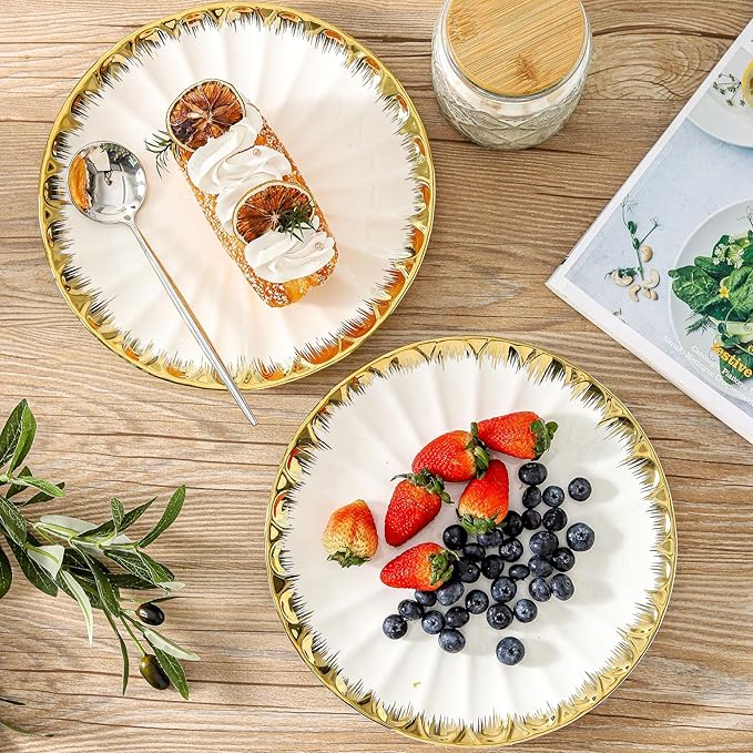 Dinner Plates, Ceramic dinner plates Set of 4, White Dinner Plate with Gold Rim, 10 Inch Dinnerware Dish Set for Kitchen Round Salad-Plates, Dessert Appetizer plate Serving Dishes for Parties