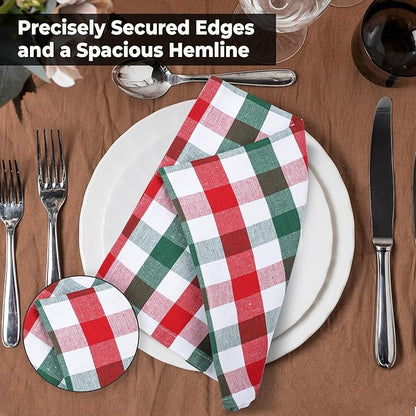 Urban Villa Cotton Dinner Napkins Set of 6, Highly Absorbent 20x20 Inches Premium Cloth Napkins Hotel Quality Reusable & Washable Table Dinner Napkins for Home & Weddings - Red/Green/White, Checks