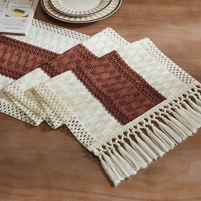 Macrame Style Bicolor Stitching Table Runner 14x72in Terracota | Woven Boho by ZEEMARTONLINE