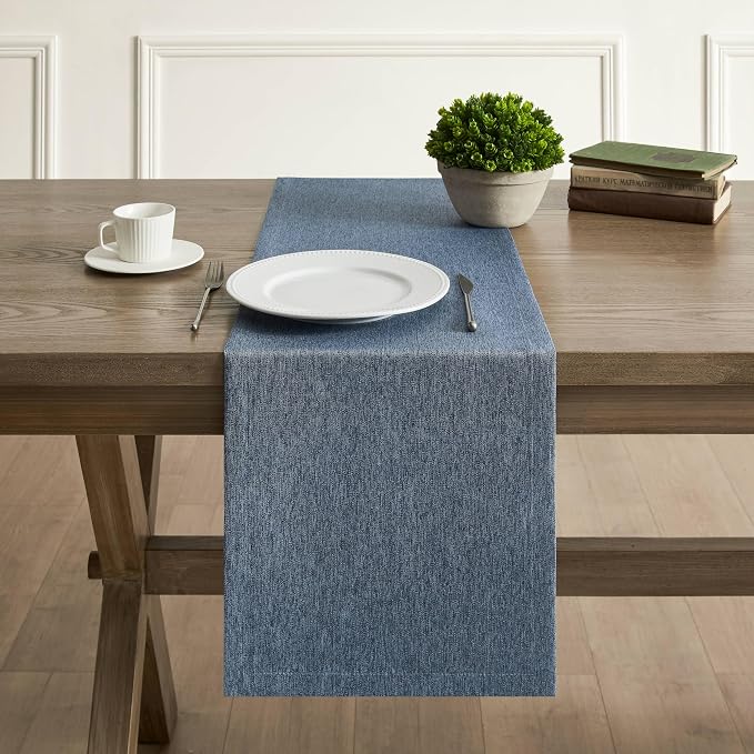 Basic Linen Style Table Runner, 14x90 Inch Navy Blue | Mitered Corner Design - Image 2