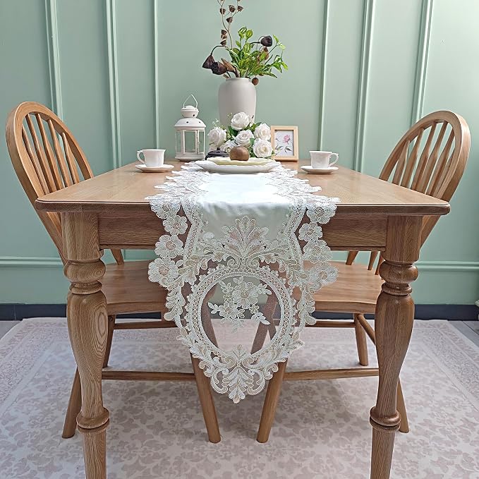 Elegant Vintage Lace Table Runner 36 inches Long Beige Gold - Image 4