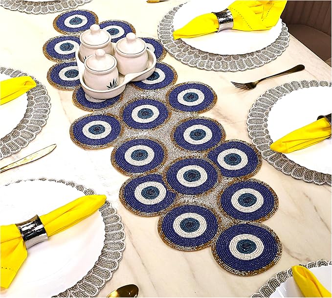 Beaded Table Runner 13x36 Inch Blue Gold Multi Evil Eye Handmade Decorative by byHomeDecorativeProduct