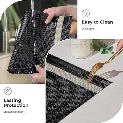 Leetaltree Luxury Black Placemats with Gold Stripes Placemats Set of 4 - Waterproof Washable for Wedding, Anniversary, Daily Use - Sparkling Table Decor - Hand-Cut