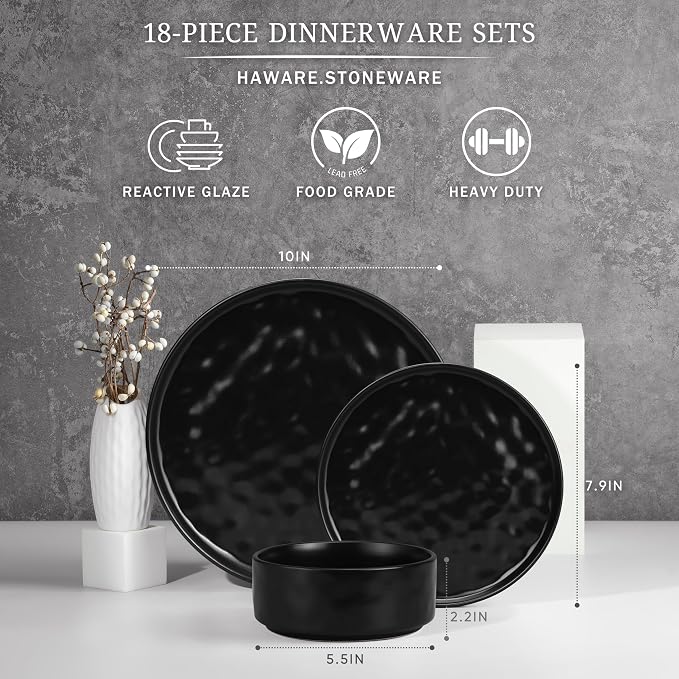 HaWare Dinnerware Sets, 18-Piece Plates and Bowls Set, Matte Black | Stoneware - Image 2