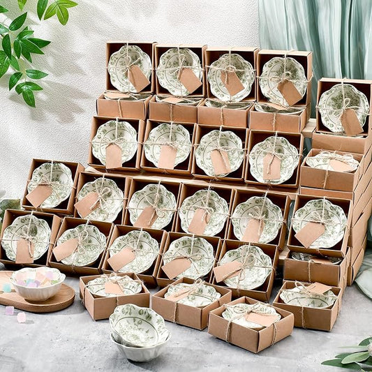 48 Pcs Wedding Favors for Guests Small Ceramic Bowl Bulk Gifts Set 3.3 Inch Floral Design Mini Dipping Sauce Dish with Card Box for Bridal Pooja Baby Shower Birthday Guest Gift (Sage Green)