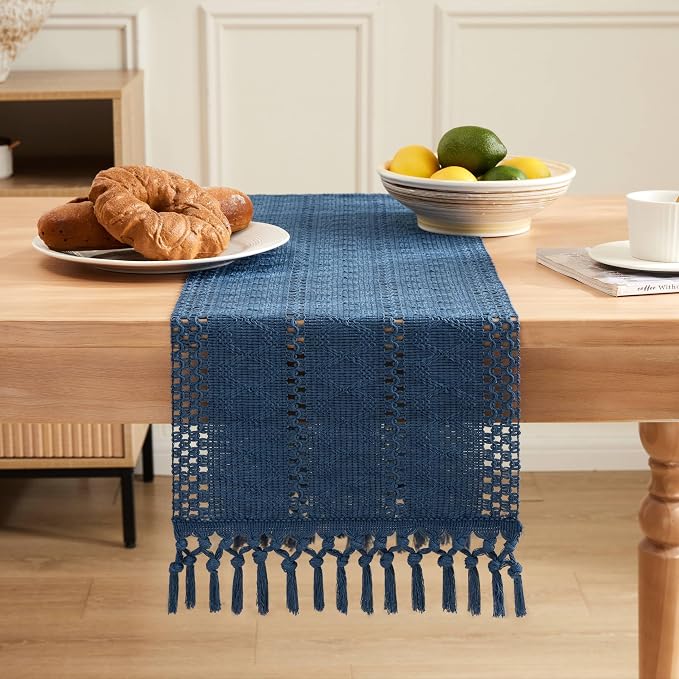 Macrame Style Boho Table Runner, 12x108 Inch Dusty Blue | Woven Boho Table - Image 2