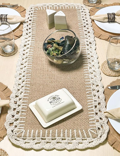 Woven Jute with Ivory Handcrafted Crochet Border Decorative Table Runner - Image 3